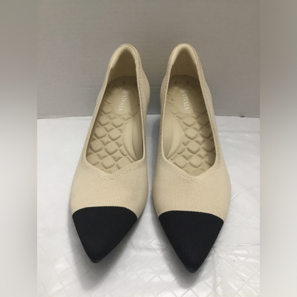 Vivaia Beige Knit Pointed-Toe Flats with Black Cap